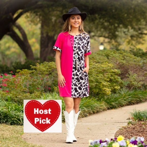 Half and Half Cow Print Dress Half Solid Fuschia - Half Cow Print Mini Dress - Picture 1 of 2
